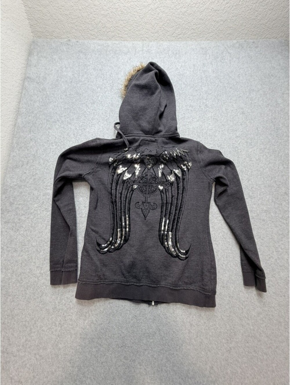 Seven7 Womens Full Zip Hoodie L Gray Faux Fur Hood Sequin Wings Back